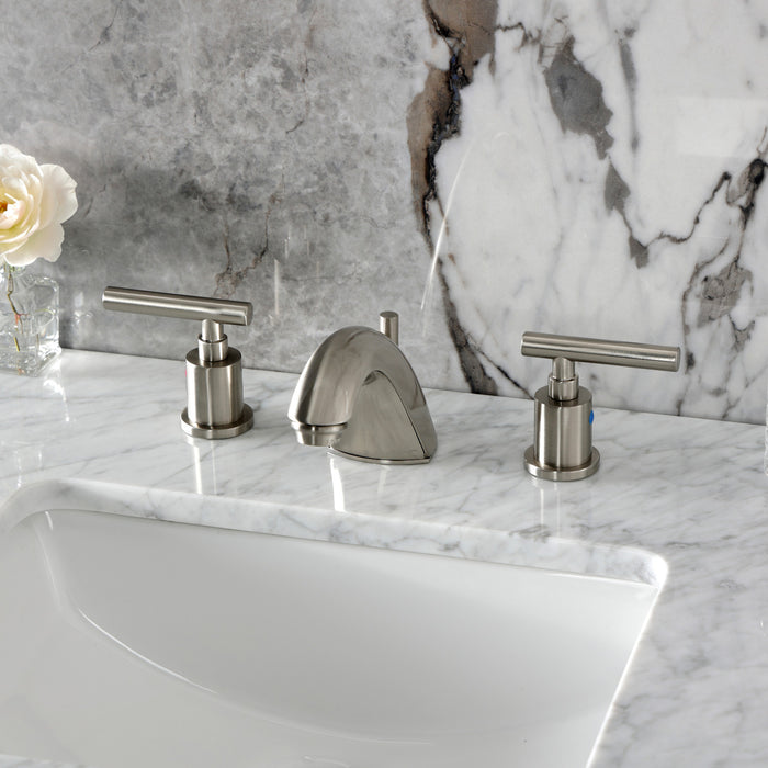 Kingston Tulare FB8958CML - Manhattan Two-Handle 3-Hole Deck Mount Widespread Bathroom Faucet with Pop-Up Drain, Brushed Nickel