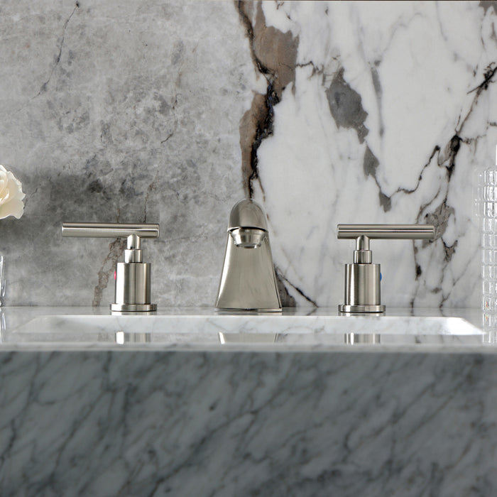 Kingston Tulare FB8958CML - Manhattan Two-Handle 3-Hole Deck Mount Widespread Bathroom Faucet with Pop-Up Drain, Brushed Nickel