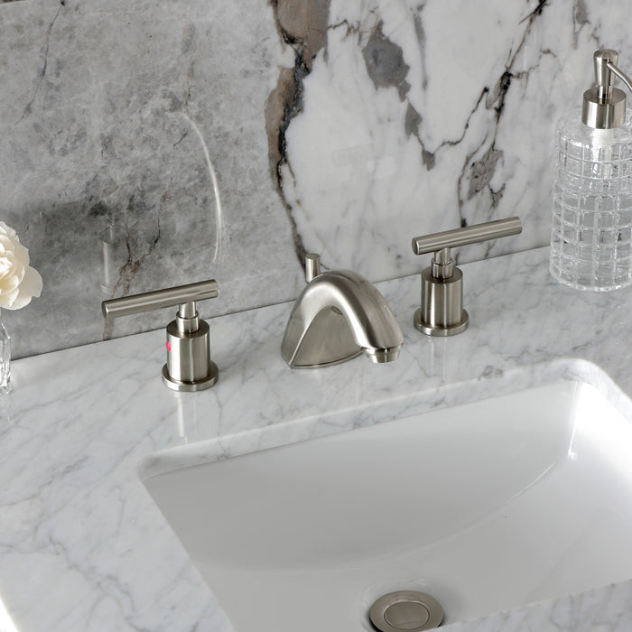 Kingston Tulare FB8958CML - Manhattan Two-Handle 3-Hole Deck Mount Widespread Bathroom Faucet with Pop-Up Drain, Brushed Nickel