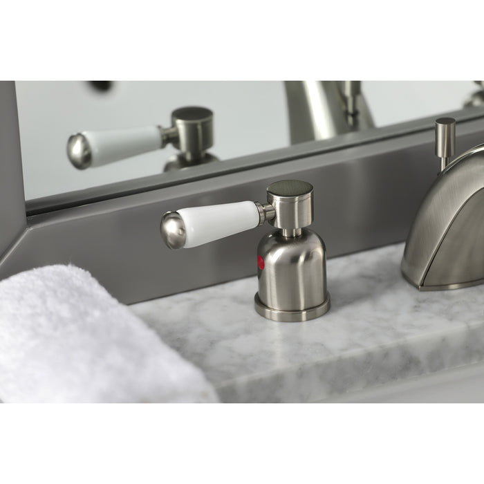 Kingston Tulare FB8958DPL - Paris Two-Handle 3-Hole Deck Mount Widespread Bathroom Faucet with Pop-Up Drain, Brushed Nickel