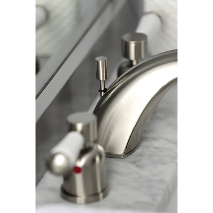 Kingston Tulare FB8958DPL - Paris Two-Handle 3-Hole Deck Mount Widespread Bathroom Faucet with Pop-Up Drain, Brushed Nickel