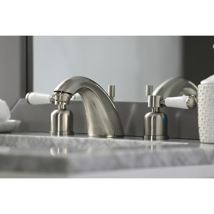 Kingston Tulare FB8958DPL - Paris Two-Handle 3-Hole Deck Mount Widespread Bathroom Faucet with Pop-Up Drain, Brushed Nickel