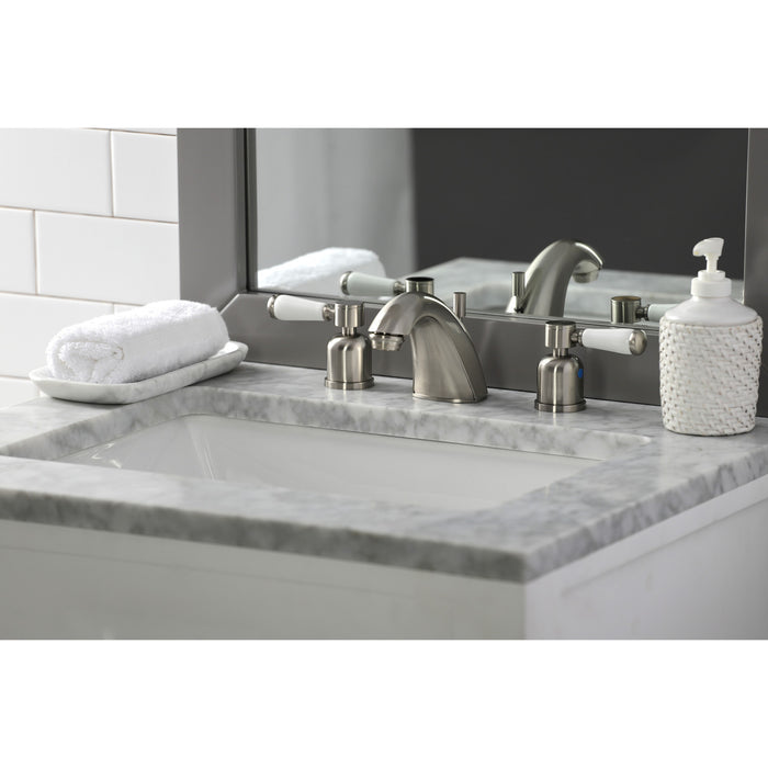 Kingston Tulare FB8958DPL - Paris Two-Handle 3-Hole Deck Mount Widespread Bathroom Faucet with Pop-Up Drain, Brushed Nickel
