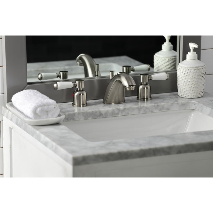 Kingston Tulare FB8958DPL - Paris Two-Handle 3-Hole Deck Mount Widespread Bathroom Faucet with Pop-Up Drain, Brushed Nickel
