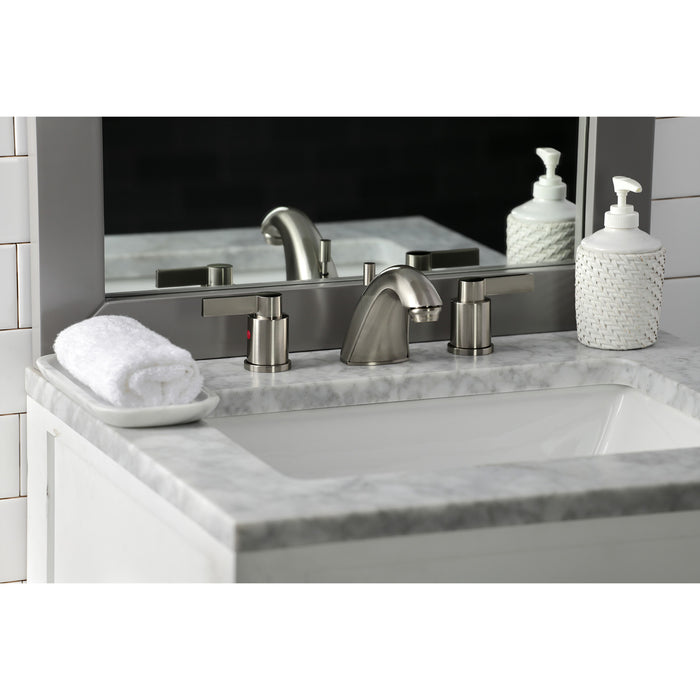 Kingston Tulare FB8958NDL - NuvoFusion Two-Handle 3-Hole Deck Mount Widespread Bathroom Faucet with Pop-Up Drain, Brushed Nickel