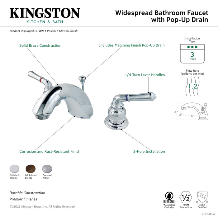 Kingston Tulare FB958Two-Handle 3-Hole Deck Mount Widespread Bathroom Faucet with Pop-Up Drain, Brushed Nickel