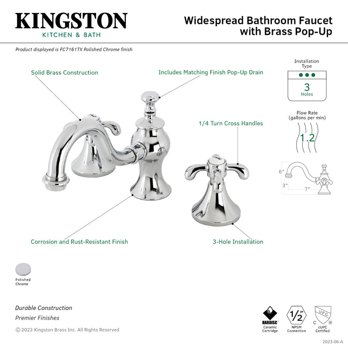 Kingston Heirloom FC7161TX - French Country Two-Handle 3-Hole Deck Mount Widespread Bathroom Faucet with Brass Pop-Up, Polished Chrome