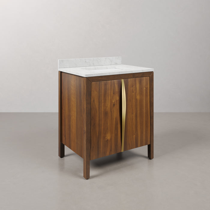 Kingston Ferrero FE30CW06NJ - 30 in. x 22 in. Bathroom Vanity Single Sink with Carrara White Marble Top and White Basin, Noir Juglans