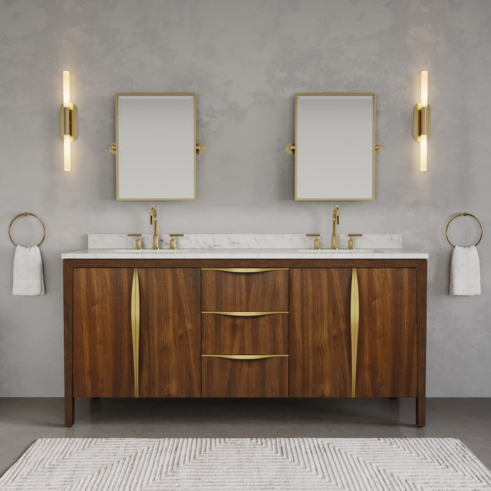 Kingston Ferrero FE72CW06NJ - 72 in. x 22 in. Bathroom Vanity Double Sink with Carrara White Marble Top and White Basin, Noir Juglans