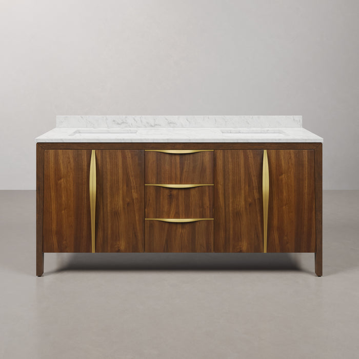 Kingston Ferrero FE72CW06NJ - 72 in. x 22 in. Bathroom Vanity Double Sink with Carrara White Marble Top and White Basin, Noir Juglans