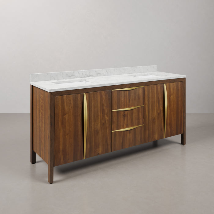 Kingston Ferrero FE72CW06NJ - 72 in. x 22 in. Bathroom Vanity Double Sink with Carrara White Marble Top and White Basin, Noir Juglans