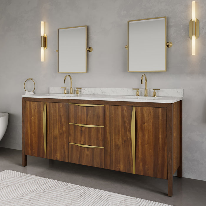 Kingston Ferrero FE72CW06NJ - 72 in. x 22 in. Bathroom Vanity Double Sink with Carrara White Marble Top and White Basin, Noir Juglans
