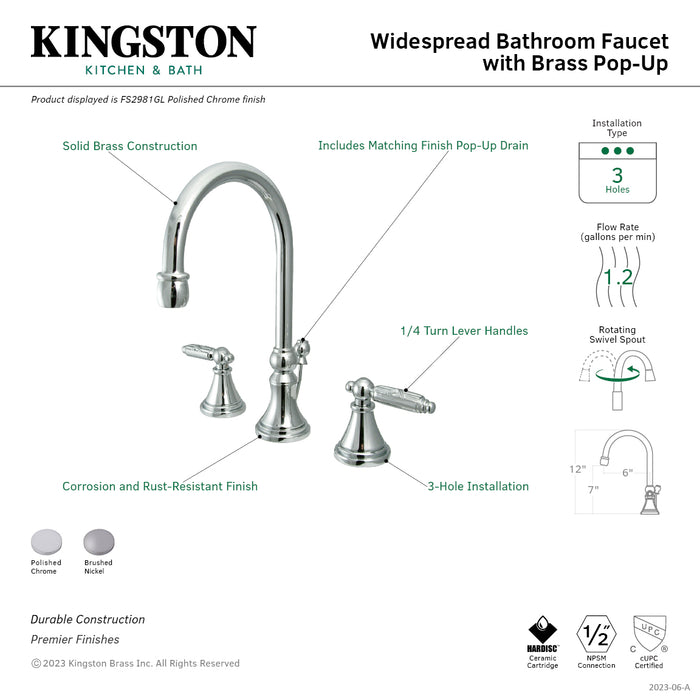Kingston Tulare FS2981GL - Georgian Two-Handle 3-Hole Deck Mount Widespread Bathroom Faucet with Brass Pop-Up, Polished Chrome