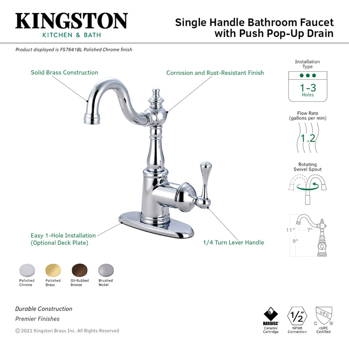 Kingston Heirloom FS7642BL - English Vintage One-Handle 1-Hole Bathroom Faucet with Deck Plate and Push Pop-Up Drain, Polished Brass