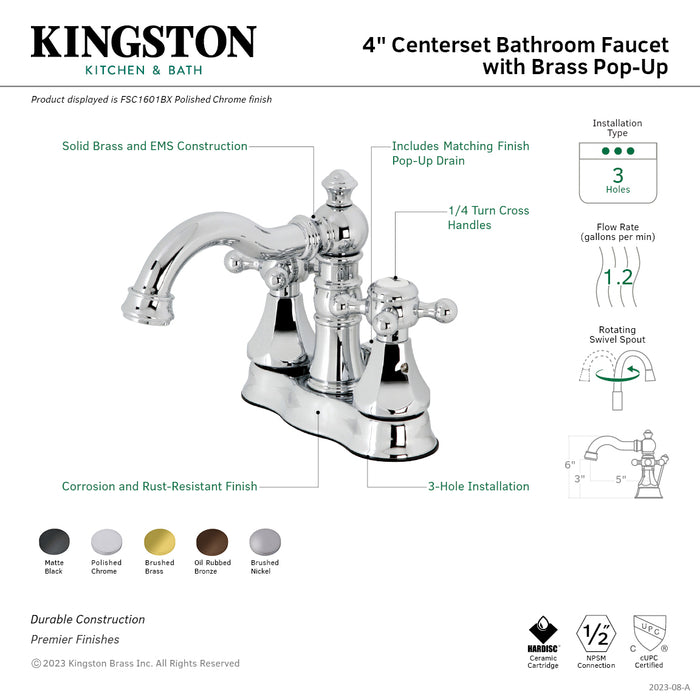 Kingston Heirloom FSC1601BX - Metropolitan Double-Handle 3-Hole Deck Mount 4-Inch Centerset Bathroom Faucet with Brass Pop-Up, Polished Chrome