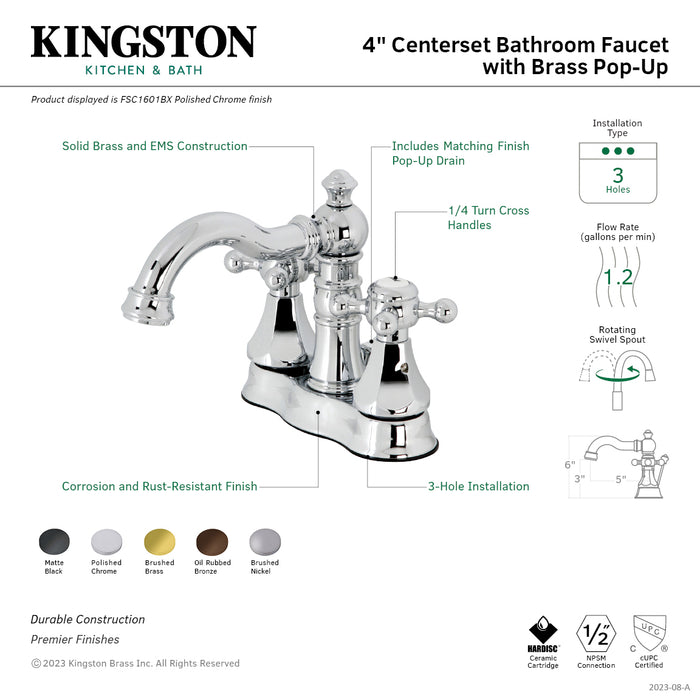 Metropolitan FSC1601BX Two-Handle 3-Hole Deck Mount 4" Centerset Bathroom Faucet with Pop-Up Drain, Polished Chrome