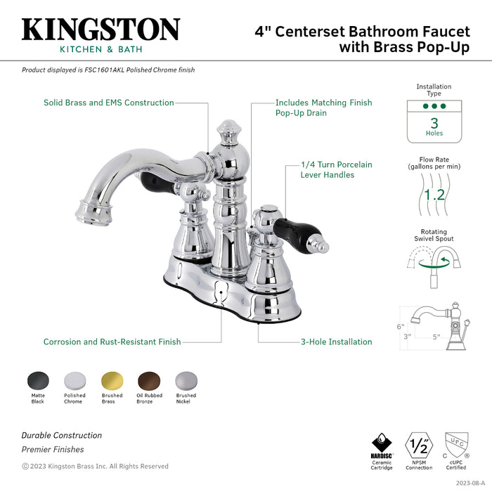 Kingston Heirloom FSC1603AKL - Duchess Double-Handle 3-Hole Deck Mount 4-Inch Centerset Bathroom Faucet with Brass Pop-Up, Brushed Brass