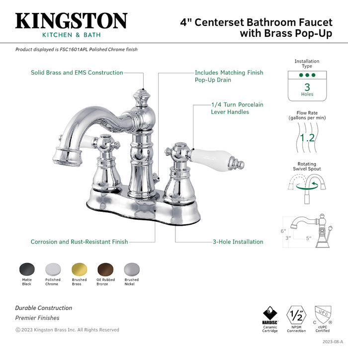 Kingston Heirloom FSC1603APL - American Patriot Double-Handle 3-Hole Deck Mount 4-Inch Centerset Bathroom Faucet with Brass Pop-Up, Brushed Brass