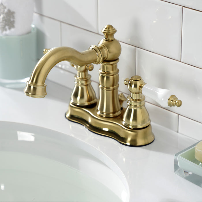 Kingston Heirloom FSC1603APL - American Patriot Double-Handle 3-Hole Deck Mount 4-Inch Centerset Bathroom Faucet with Brass Pop-Up, Brushed Brass