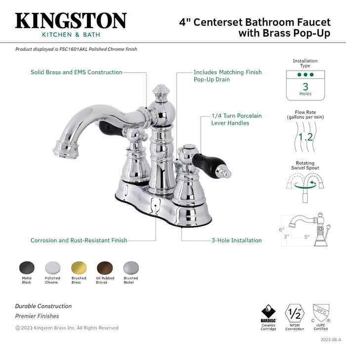 Duchess FSC1608AKL Two-Handle 3-Hole Deck Mount 4" Centerset Bathroom Faucet with Pop-Up Drain, Brushed Nickel