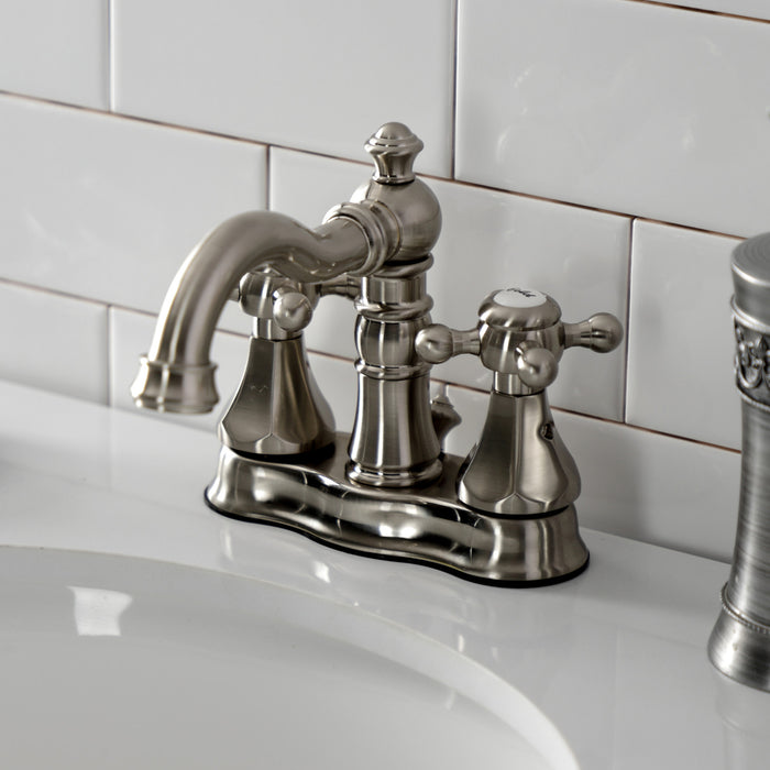 Kingston Heirloom FSC1608BX - Metropolitan Double-Handle 3-Hole Deck Mount 4-Inch Centerset Bathroom Faucet with Brass Pop-Up, Brushed Nickel