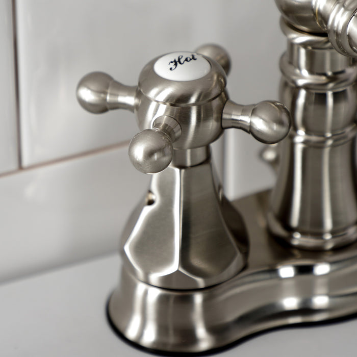 Kingston Heirloom FSC1608BX - Metropolitan Double-Handle 3-Hole Deck Mount 4-Inch Centerset Bathroom Faucet with Brass Pop-Up, Brushed Nickel