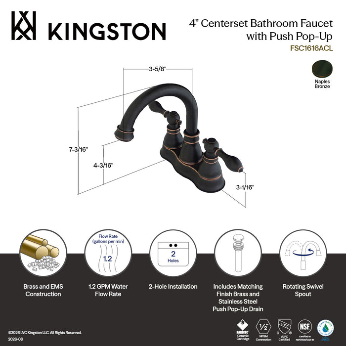 Kingston Heirloom FSC1616ACL - American Classic Double-Handle 3-Hole Deck Mount 4-Inch Centerset Bathroom Faucet with Push-Up Pop-Up, Naples Bronze