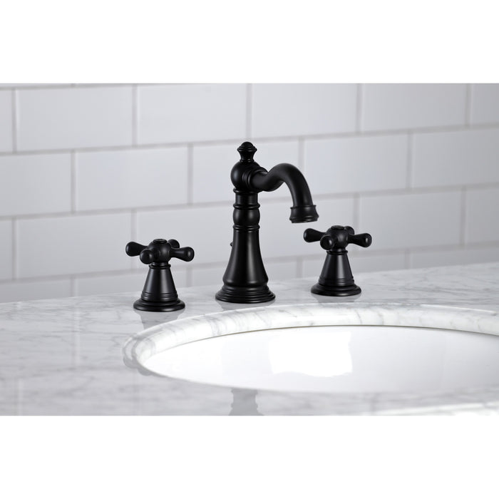 Kingston Heirloom FSC1970AAX - American Classic Two-Handle 3-Hole Deck Mount Widespread Bathroom Faucet with Brass Pop-Up, Matte Black