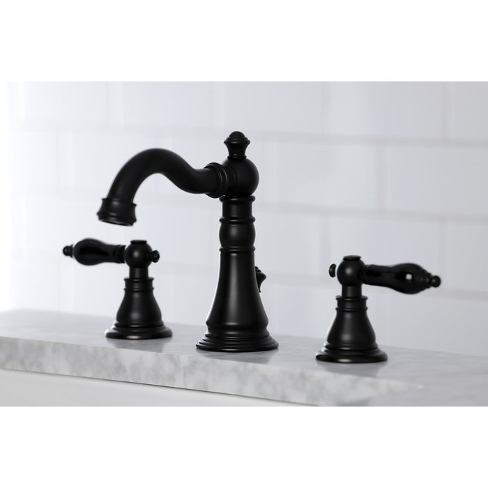 Kingston Heirloom FSC1970AKL - Duchess Two-Handle 3-Hole Deck Mount Widespread Bathroom Faucet with Brass Pop-Up, Matte Black
