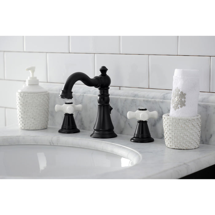 Kingston Heirloom FSC1970APX - American Classic Two-Handle 3-Hole Deck Mount Widespread Bathroom Faucet with Brass Pop-Up, Matte Black