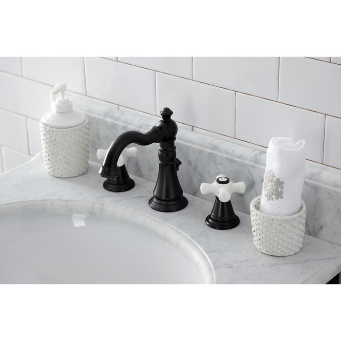 Kingston Heirloom FSC1970APX - American Classic Two-Handle 3-Hole Deck Mount Widespread Bathroom Faucet with Brass Pop-Up, Matte Black