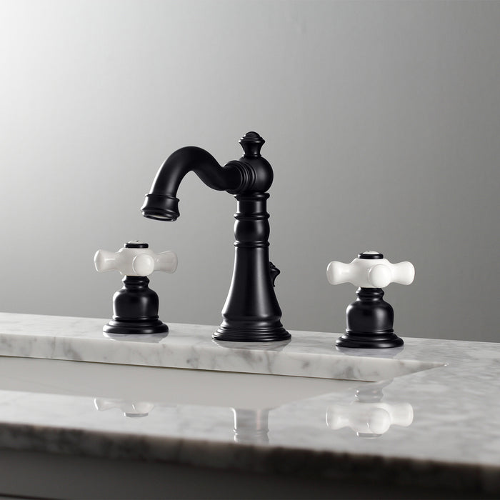 Kingston Heirloom FSC1970PX - American Classic Two-Handle 3-Hole Deck Mount Widespread Bathroom Faucet with Brass Pop-Up, Matte Black