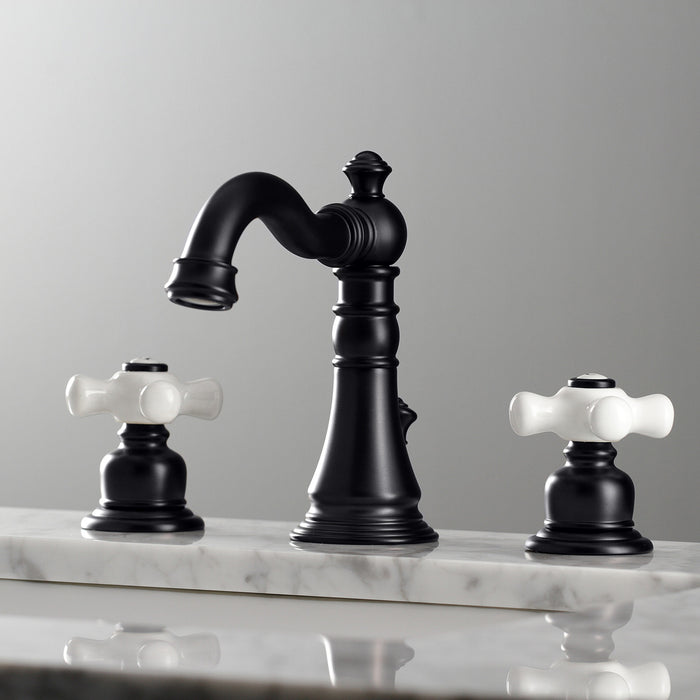 Kingston Heirloom FSC1970PX - American Classic Two-Handle 3-Hole Deck Mount Widespread Bathroom Faucet with Brass Pop-Up, Matte Black