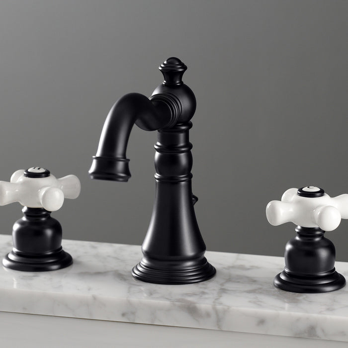 Kingston Heirloom FSC1970PX - American Classic Two-Handle 3-Hole Deck Mount Widespread Bathroom Faucet with Brass Pop-Up, Matte Black