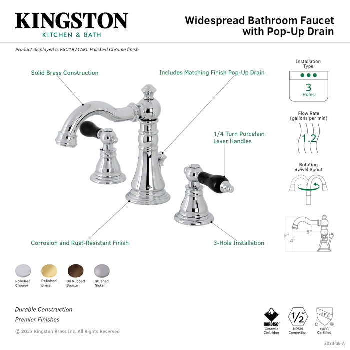Kingston Heirloom FSC1971AKL - Duchess Two-Handle 3-Hole Deck Mount Widespread Bathroom Faucet with Pop-Up Drain, Polished Chrome