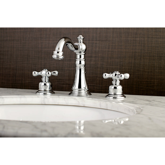 Kingston Heirloom FSC1971AX - American Classic Two-Handle 3-Hole Deck Mount Widespread Bathroom Faucet with Pop-Up Drain, Polished Chrome