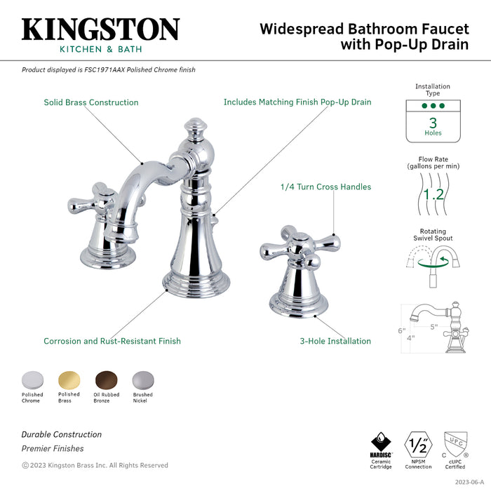 Kingston Heirloom FSC1972AAX - American Classic Two-Handle 3-Hole Deck Mount Widespread Bathroom Faucet with Pop-Up Drain, Polished Brass