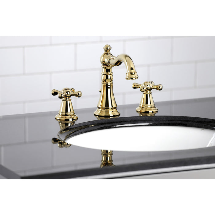 Kingston Heirloom FSC1972AAX - American Classic Two-Handle 3-Hole Deck Mount Widespread Bathroom Faucet with Pop-Up Drain, Polished Brass
