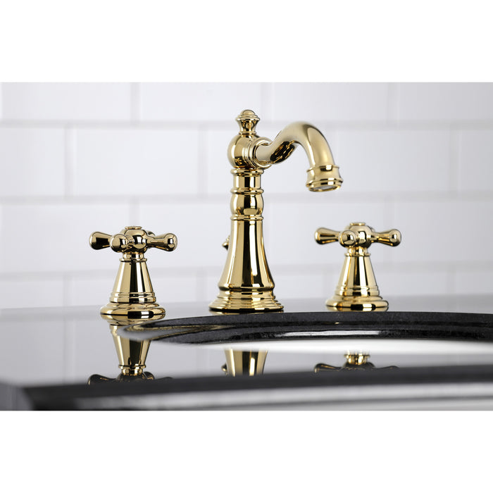 Kingston Heirloom FSC1972AAX - American Classic Two-Handle 3-Hole Deck Mount Widespread Bathroom Faucet with Pop-Up Drain, Polished Brass