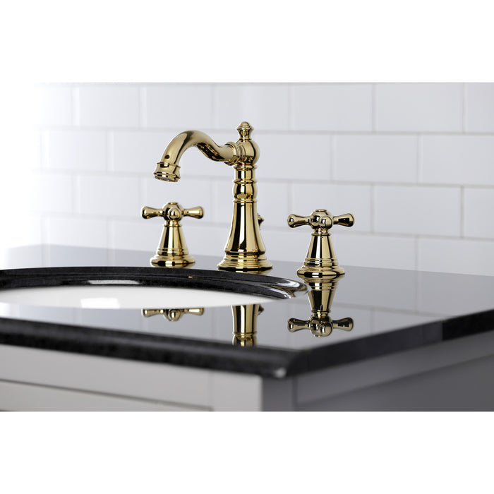 Kingston Heirloom FSC1972AAX - American Classic Two-Handle 3-Hole Deck Mount Widespread Bathroom Faucet with Pop-Up Drain, Polished Brass