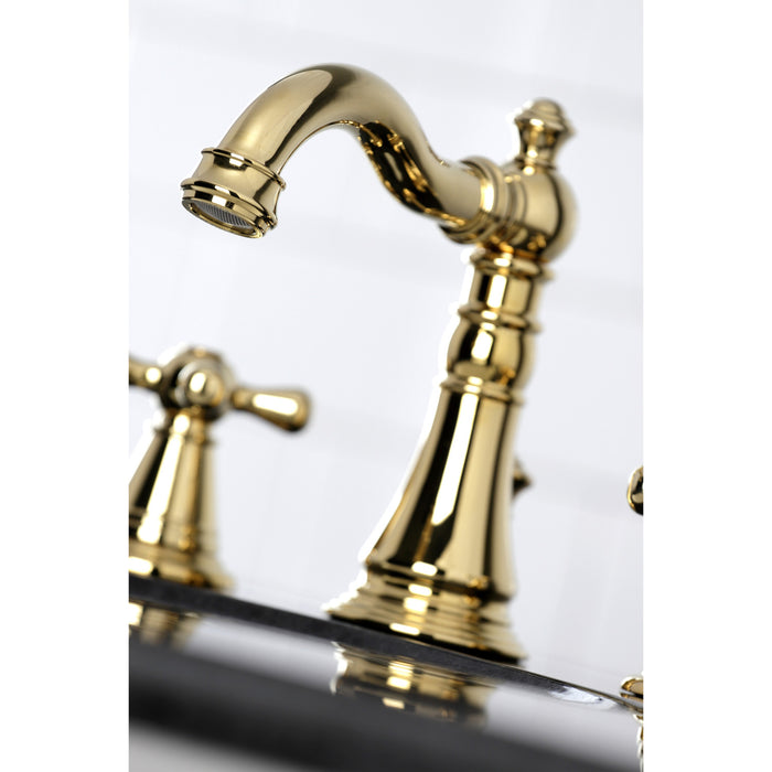 Kingston Heirloom FSC1972AAX - American Classic Two-Handle 3-Hole Deck Mount Widespread Bathroom Faucet with Pop-Up Drain, Polished Brass