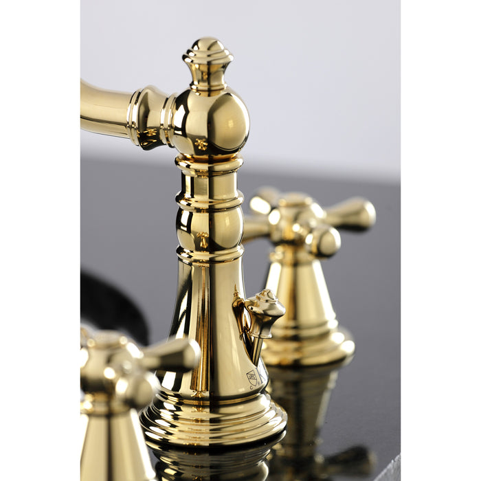 Kingston Heirloom FSC1972AAX - American Classic Two-Handle 3-Hole Deck Mount Widespread Bathroom Faucet with Pop-Up Drain, Polished Brass