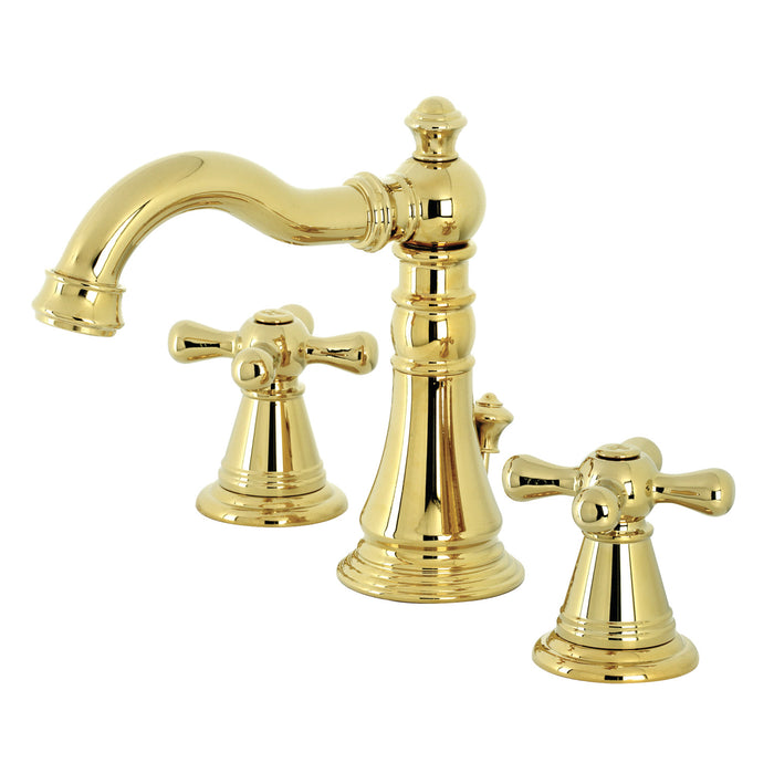 Kingston Heirloom FSC1972AAX - American Classic Two-Handle 3-Hole Deck Mount Widespread Bathroom Faucet with Pop-Up Drain, Polished Brass