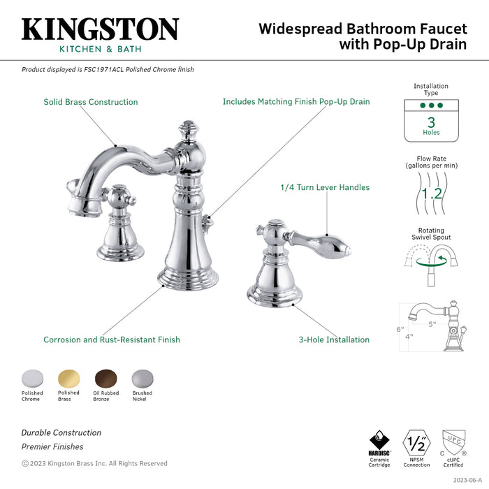 Kingston Heirloom FSC1972ACL - American Classic Two-Handle 3-Hole Deck Mount Widespread Bathroom Faucet with Pop-Up Drain, Polished Brass
