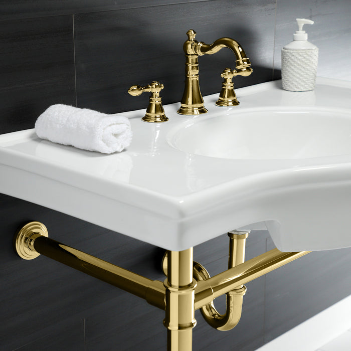 Kingston Heirloom FSC1972ACL - American Classic Two-Handle 3-Hole Deck Mount Widespread Bathroom Faucet with Pop-Up Drain, Polished Brass