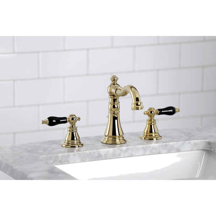 Kingston Heirloom FSC1972AKL - Duchess Two-Handle 3-Hole Deck Mount Widespread Bathroom Faucet with Pop-Up Drain, Polished Brass
