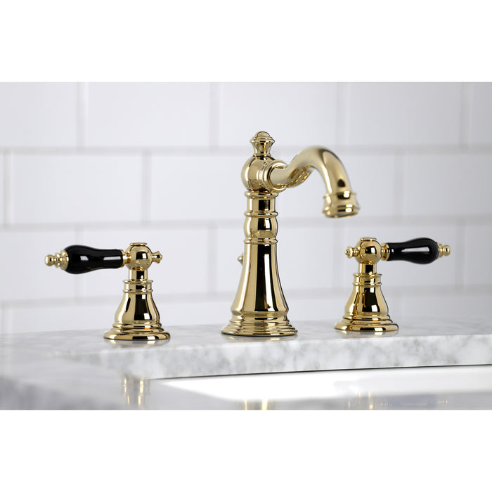 Kingston Heirloom FSC1972AKL - Duchess Two-Handle 3-Hole Deck Mount Widespread Bathroom Faucet with Pop-Up Drain, Polished Brass