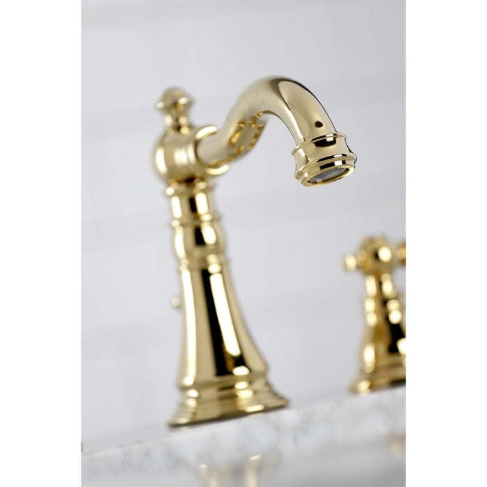 Kingston Heirloom FSC1972AKL - Duchess Two-Handle 3-Hole Deck Mount Widespread Bathroom Faucet with Pop-Up Drain, Polished Brass