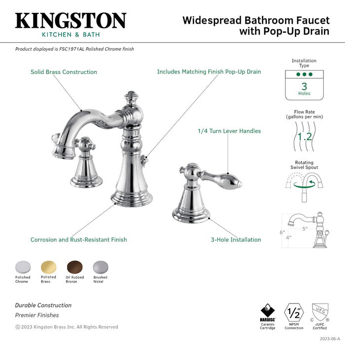 Kingston Heirloom FSC1972AL - English Classic Two-Handle 3-Hole Deck Mount Widespread Bathroom Faucet with Pop-Up Drain, Polished Brass