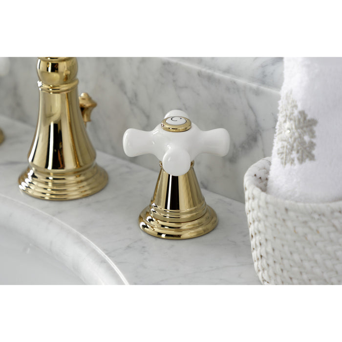 Kingston Heirloom FSC1972APX - American Classic Two-Handle 3-Hole Deck Mount Widespread Bathroom Faucet with Pop-Up Drain, Polished Brass